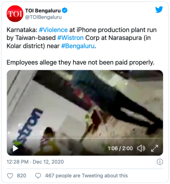 iPhone 印度工厂大暴乱！近 2000 人打砸抢烧，员工称因工资缩水：每月最低 44 元